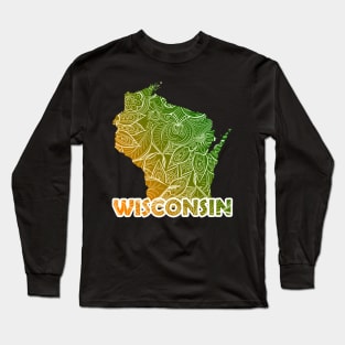 Colorful mandala art map of Wisconsin with text in green and orange Long Sleeve T-Shirt